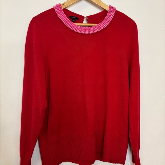 Talbots Beaded Crewneck Pullover Red Cotton Pink Beads - Picture 1 of 8